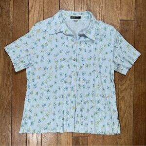 Bill Blass Light Blue Yellow Ditsy Floral Short Sleeve Button-Up textured Top